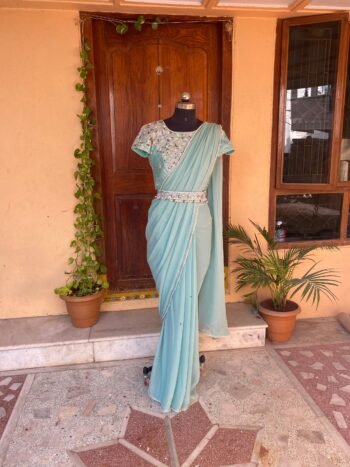 Designer saree with blouse/ pista green saree with hand embroidery stitched blouse/ saree belt with blouse / silk saree /saree with belt