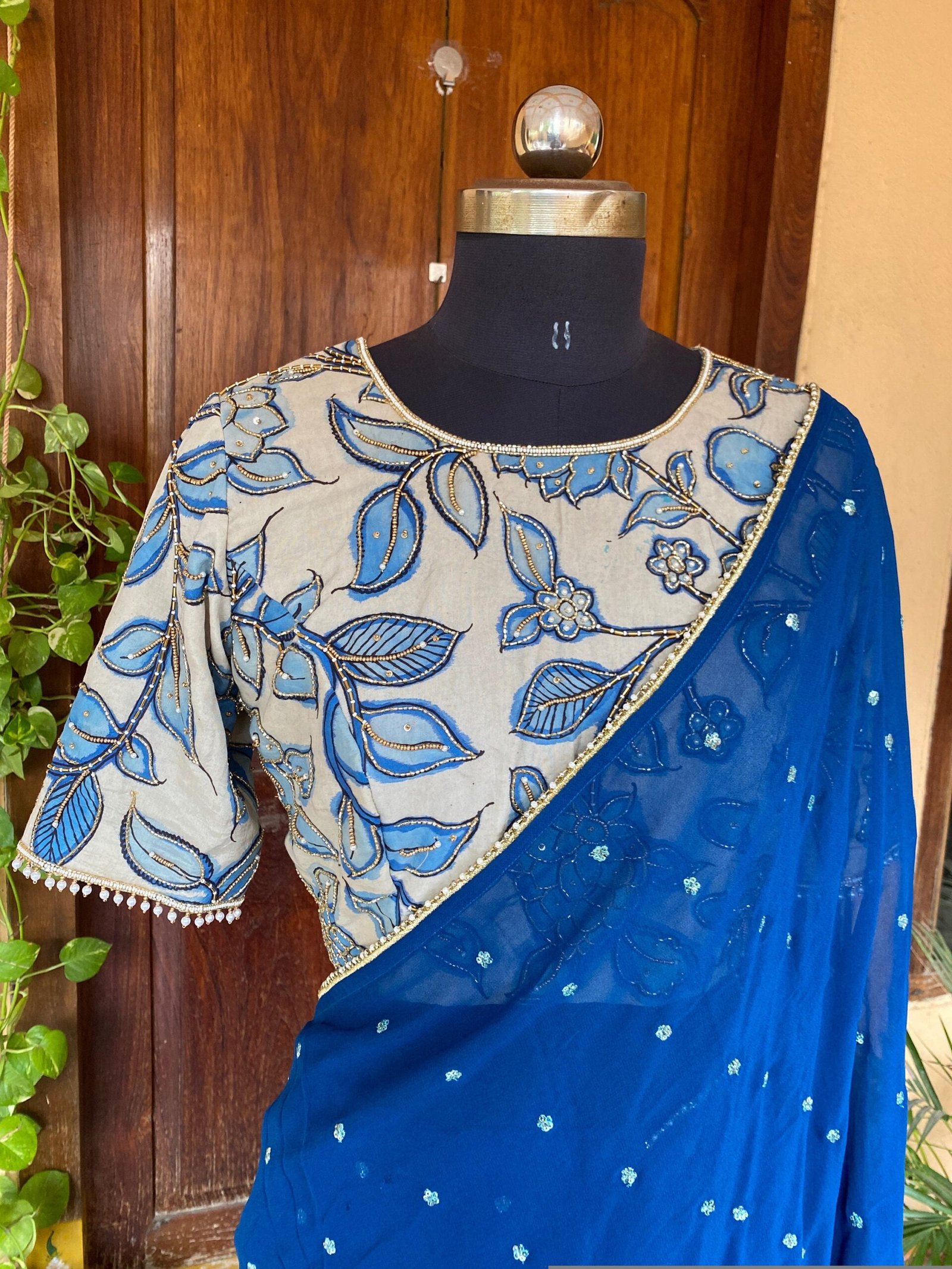 Kalamkari sari hand Embroidered blouse | blue embroidered saree with ready blouse| sarees USA | kalamkari blouse with saree| handwork blouse