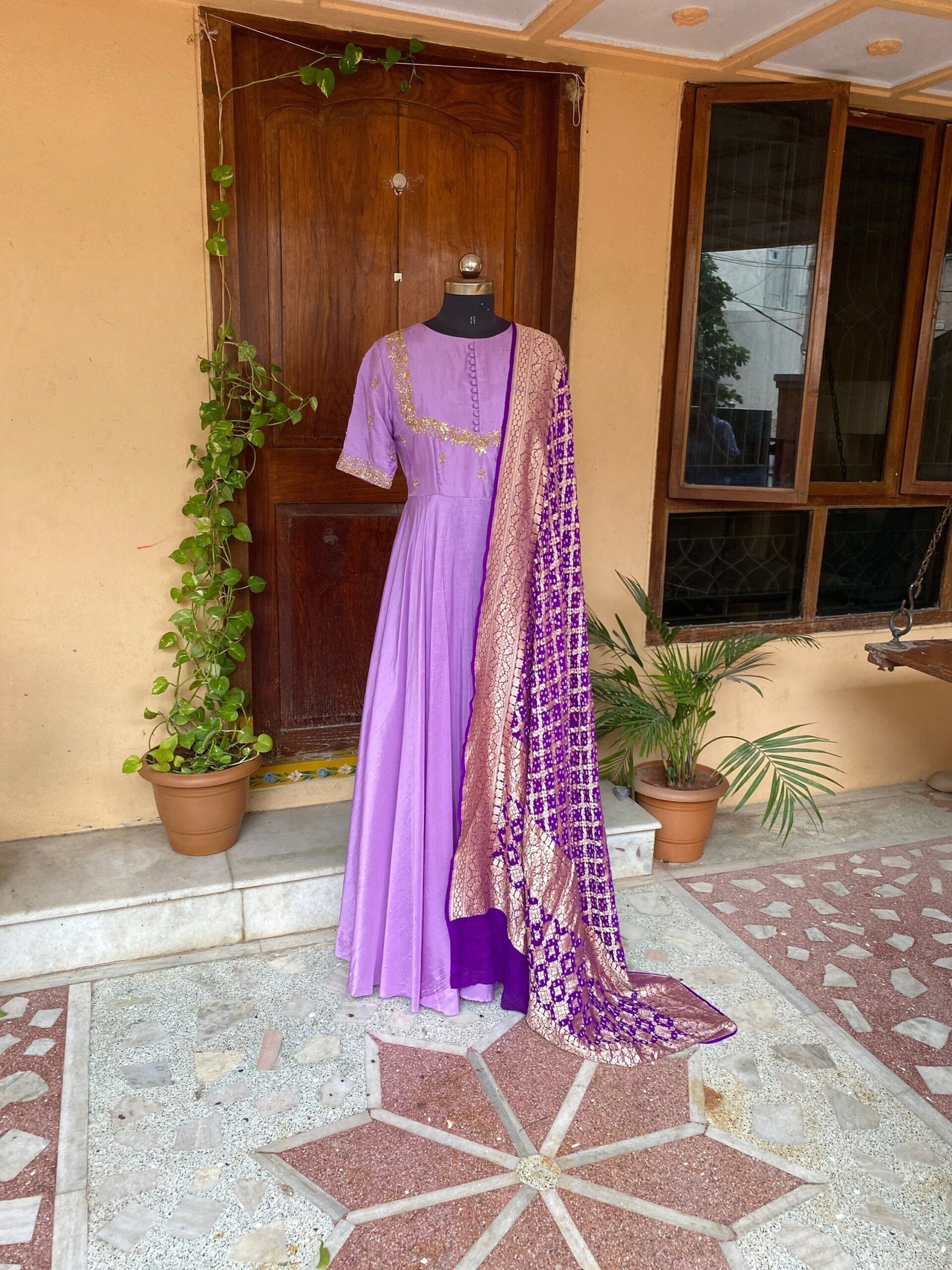 Hand embroidered Anarkali with pure bandhani dupatta/purple anarkali suit set/ lavender hand work anarkali USA / Indian dresses/ voggish USA