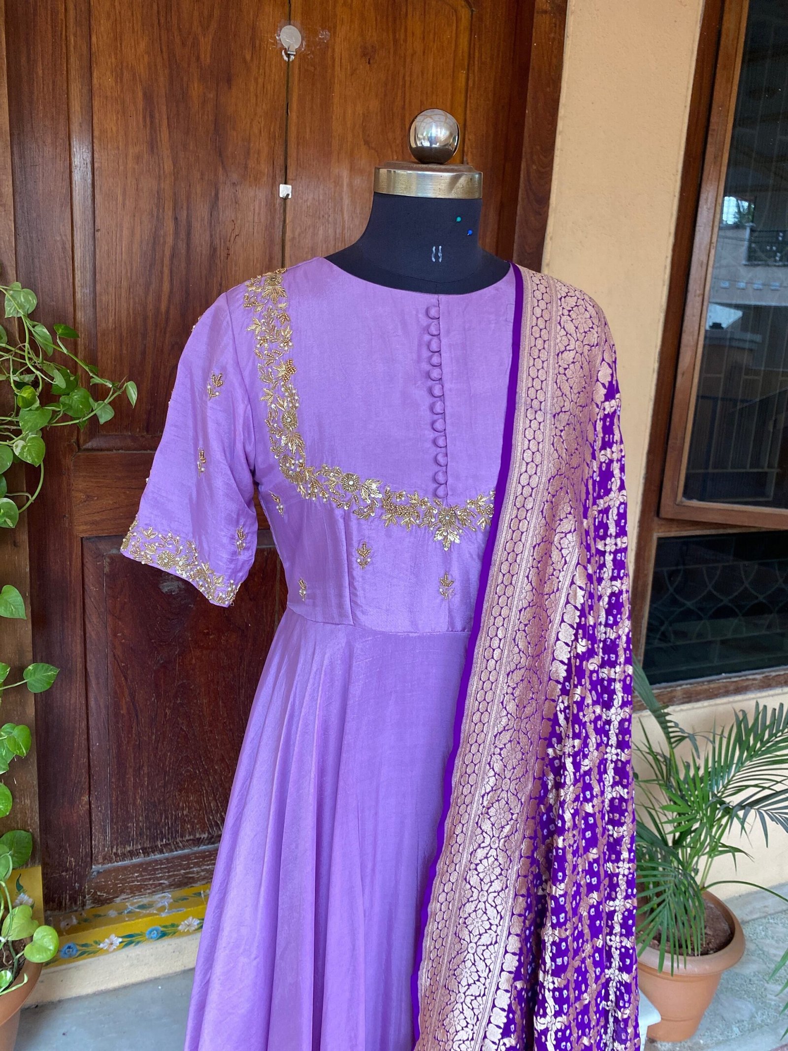 Hand embroidered Anarkali with pure bandhani dupatta/purple anarkali suit set/ lavender hand work anarkali USA / Indian dresses/ voggish USA
