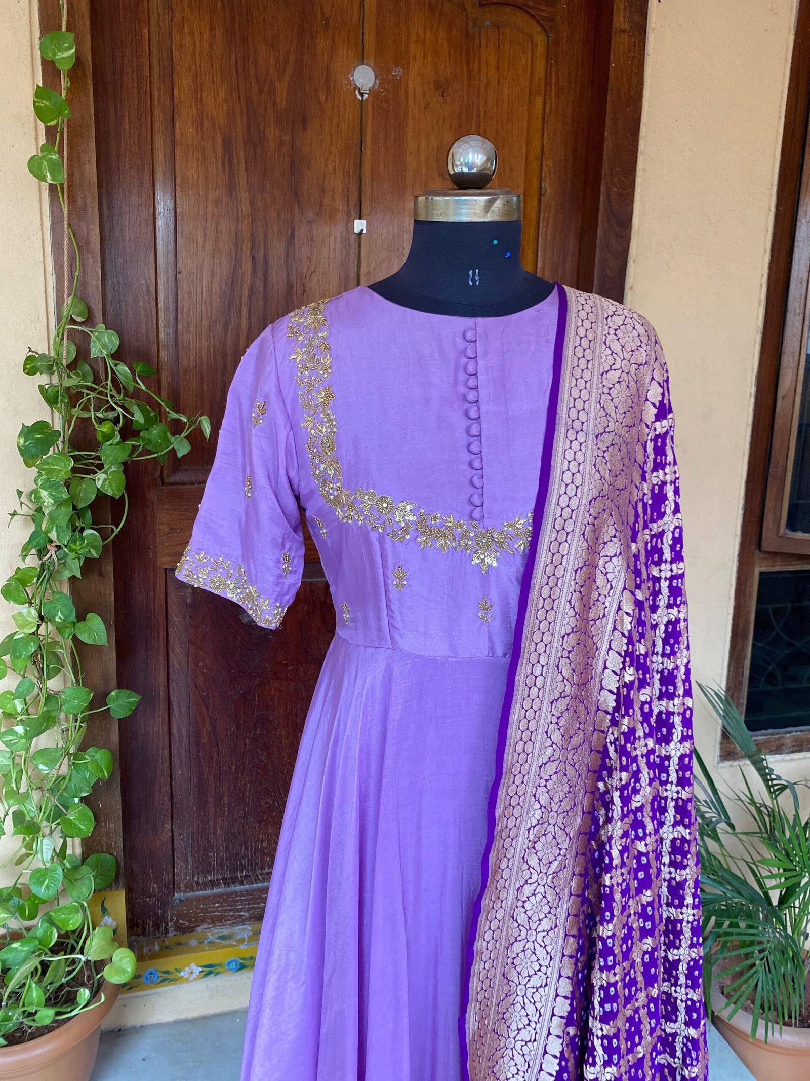 Hand embroidered Anarkali with pure bandhani dupatta/purple anarkali suit set/ lavender hand work anarkali USA / Indian dresses/ voggish USA