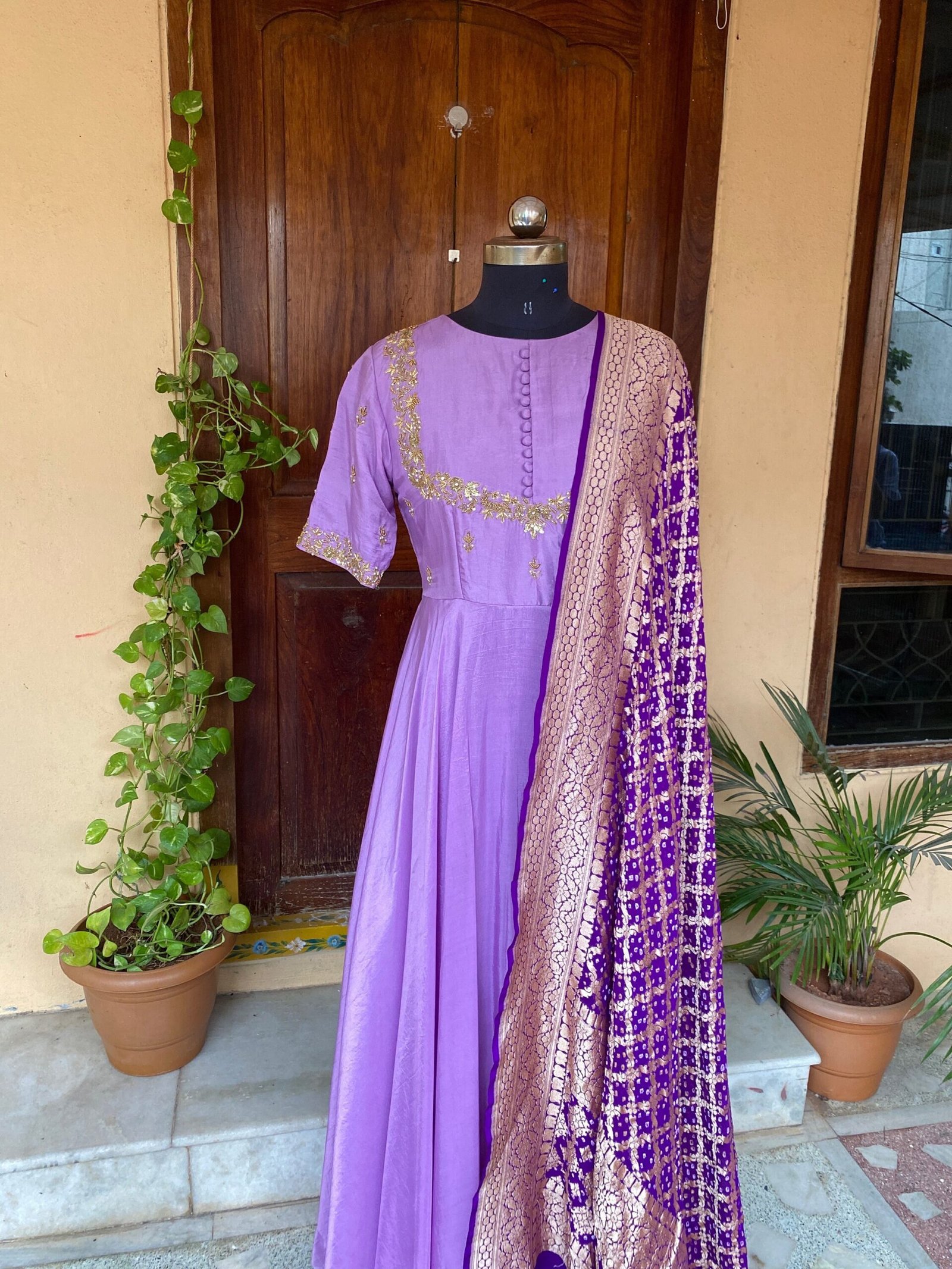 Hand embroidered Anarkali with pure bandhani dupatta/purple anarkali suit set/ lavender hand work anarkali USA / Indian dresses/ voggish USA
