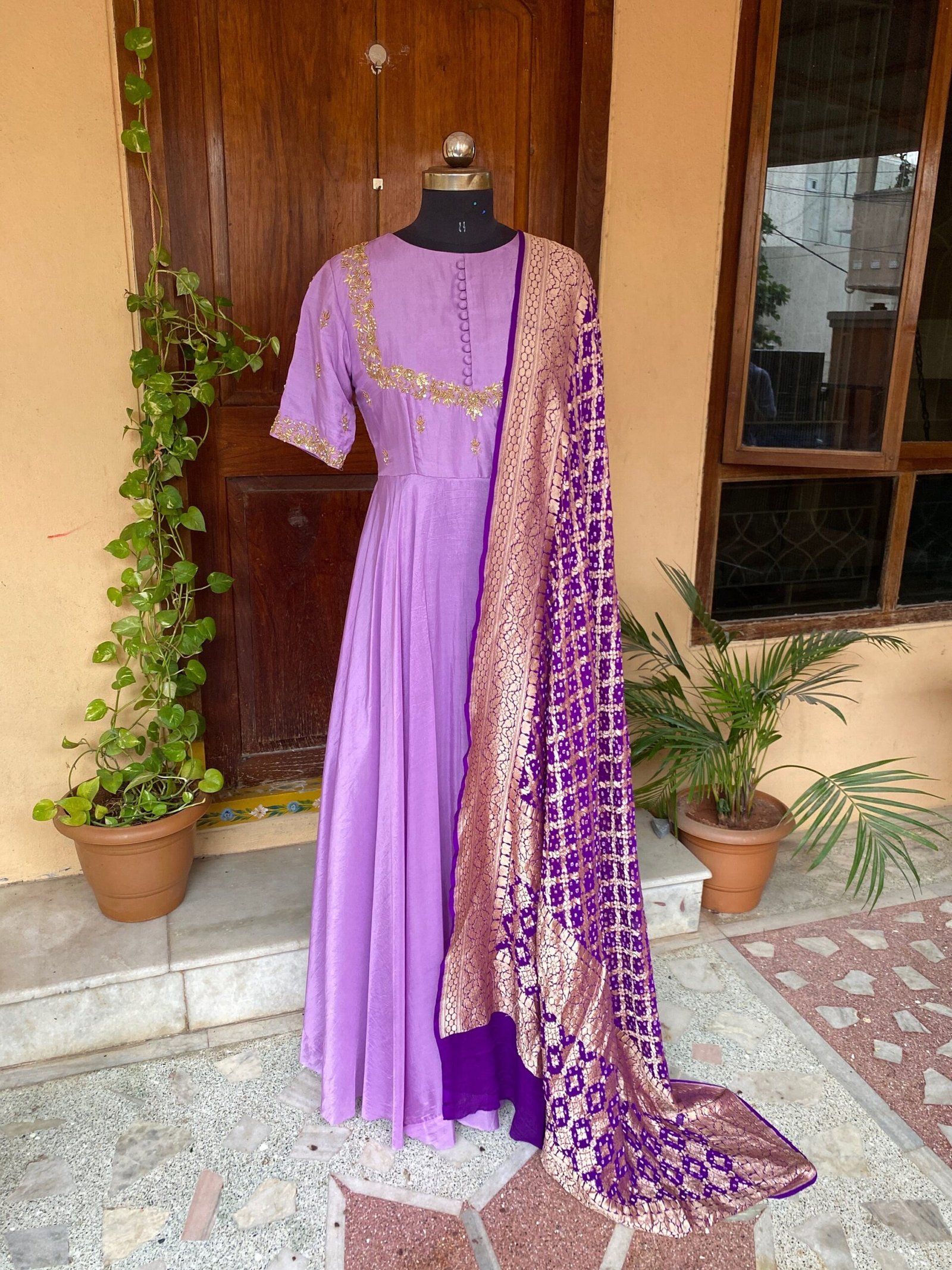 Hand embroidered Anarkali with pure bandhani dupatta/purple anarkali suit set/ lavender hand work anarkali USA / Indian dresses/ voggish USA