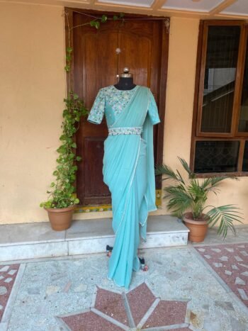 Designer saree with blouse/ pista green saree with hand embroidery stitched blouse/ saree belt with blouse / silk saree /saree with belt