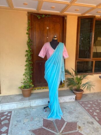 Blue mirrior work saree | silk saree with mirror work blouse |sequin saree | party saree blouse |sarees USA | modern saree hand work blouse