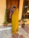 Kalamkari silk saree with hand Embroidered blouse | yellow embroidered saree with ready blouse| sarees USA | haldi outfit silk saree blouse