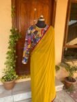 Kalamkari silk saree with hand Embroidered blouse | yellow embroidered saree with ready blouse| sarees USA | haldi outfit silk saree blouse