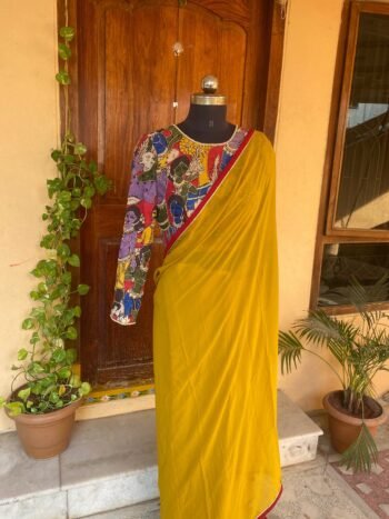 Kalamkari silk saree with hand Embroidered blouse | yellow embroidered saree with ready blouse| sarees USA | haldi outfit silk saree blouse