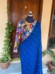 Blue Georgette Saree: Hand-Embroidered Kalamkari Blouse, Stitched Sari