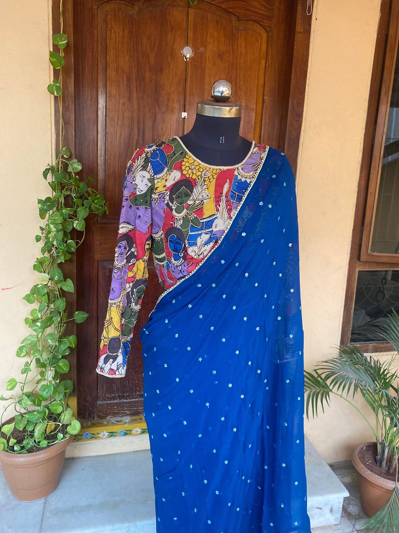 Blue Georgette Saree: Hand-Embroidered Kalamkari Blouse, Stitched Sari