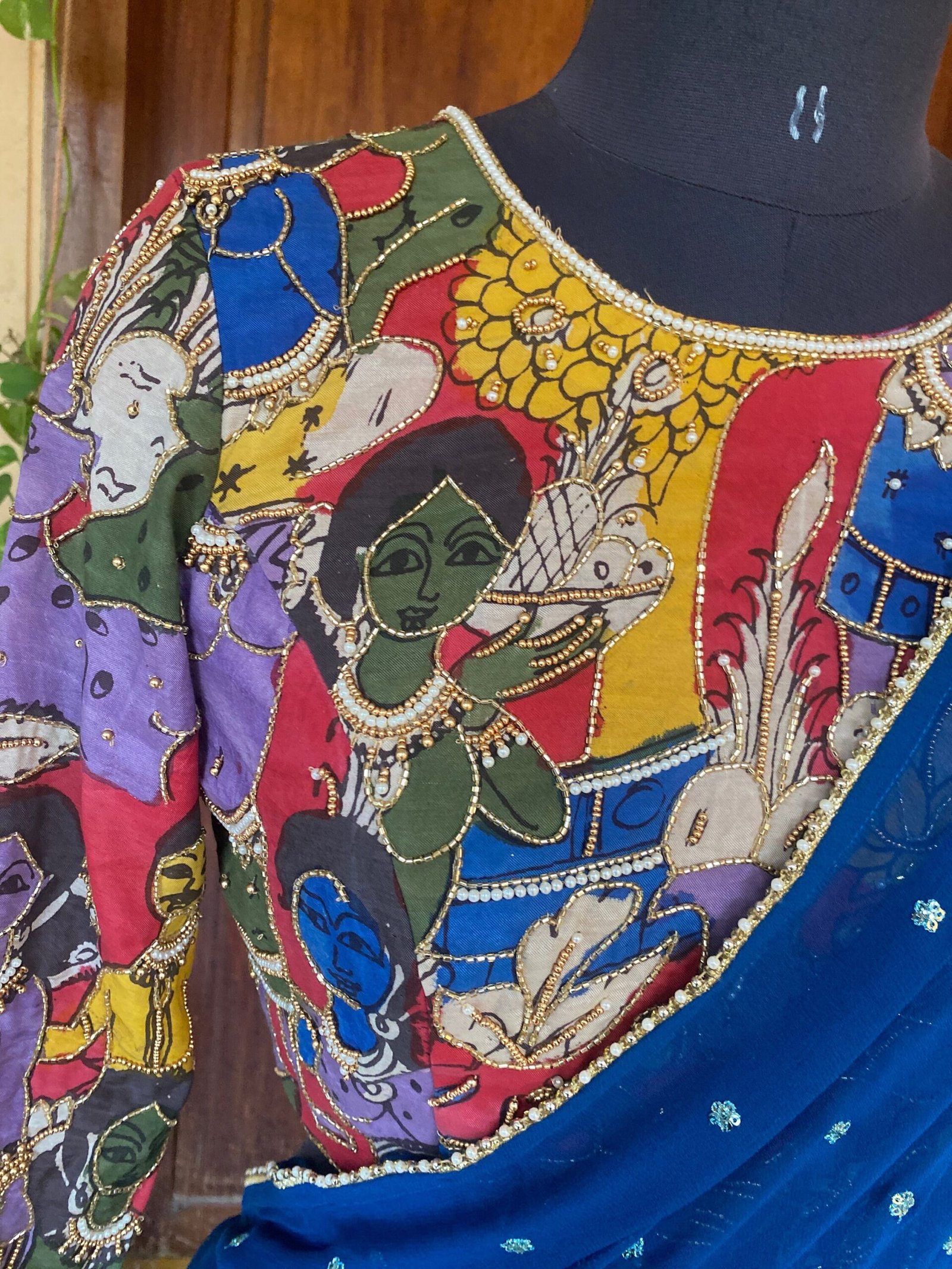 Blue Georgette Saree: Hand-Embroidered Kalamkari Blouse, Stitched Sari