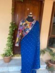 Blue Georgette Saree: Hand-Embroidered Kalamkari Blouse, Stitched Sari