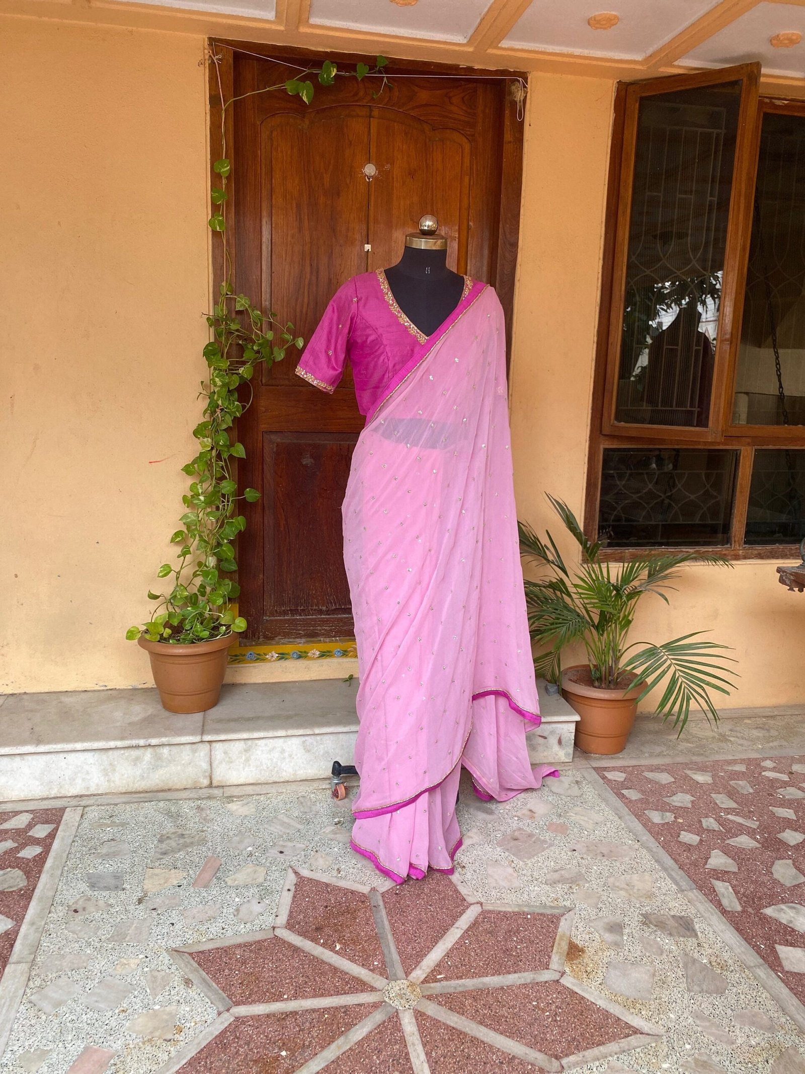 Pink chiffon silk saree with hand Embroidered blouse | buti embroidered saree with ready blouse| sarees USA |pink embroidery silk saree blou