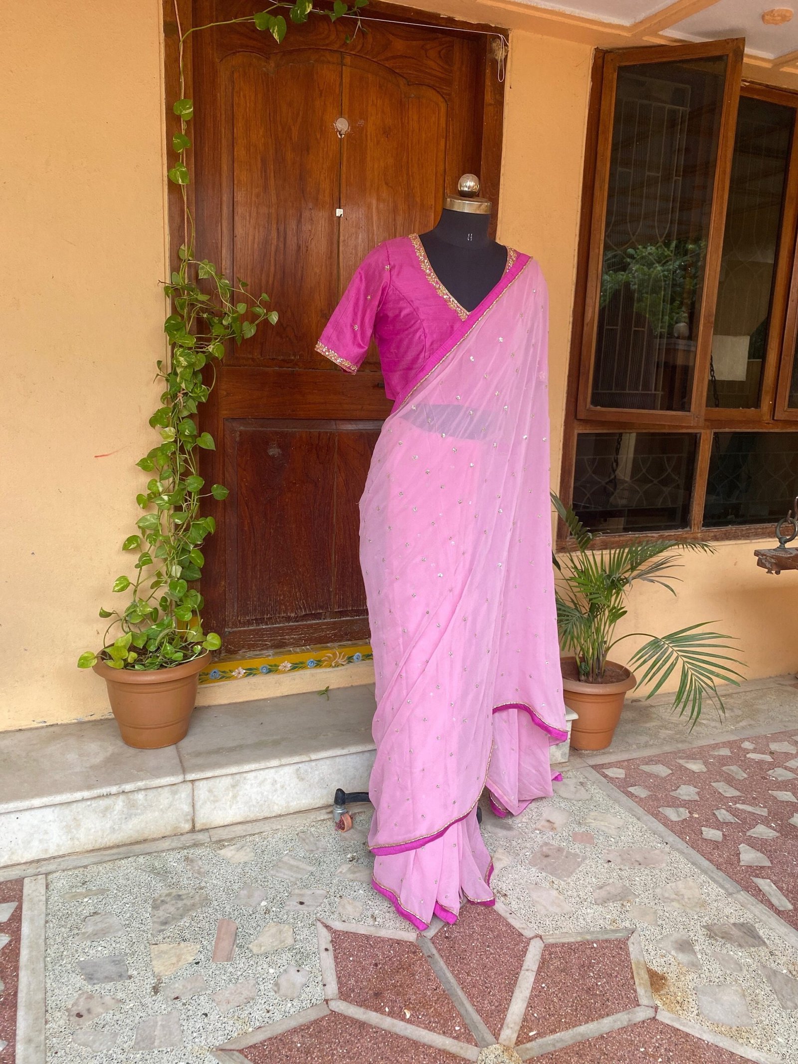 Pink chiffon silk saree with hand Embroidered blouse | buti embroidered saree with ready blouse| sarees USA |pink embroidery silk saree blou