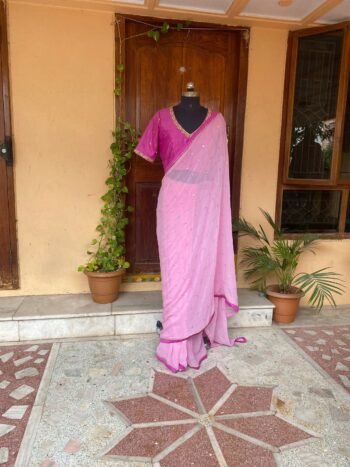 Pink chiffon silk saree with hand Embroidered blouse | buti embroidered saree with ready blouse| sarees |pink embroidery silk saree blou