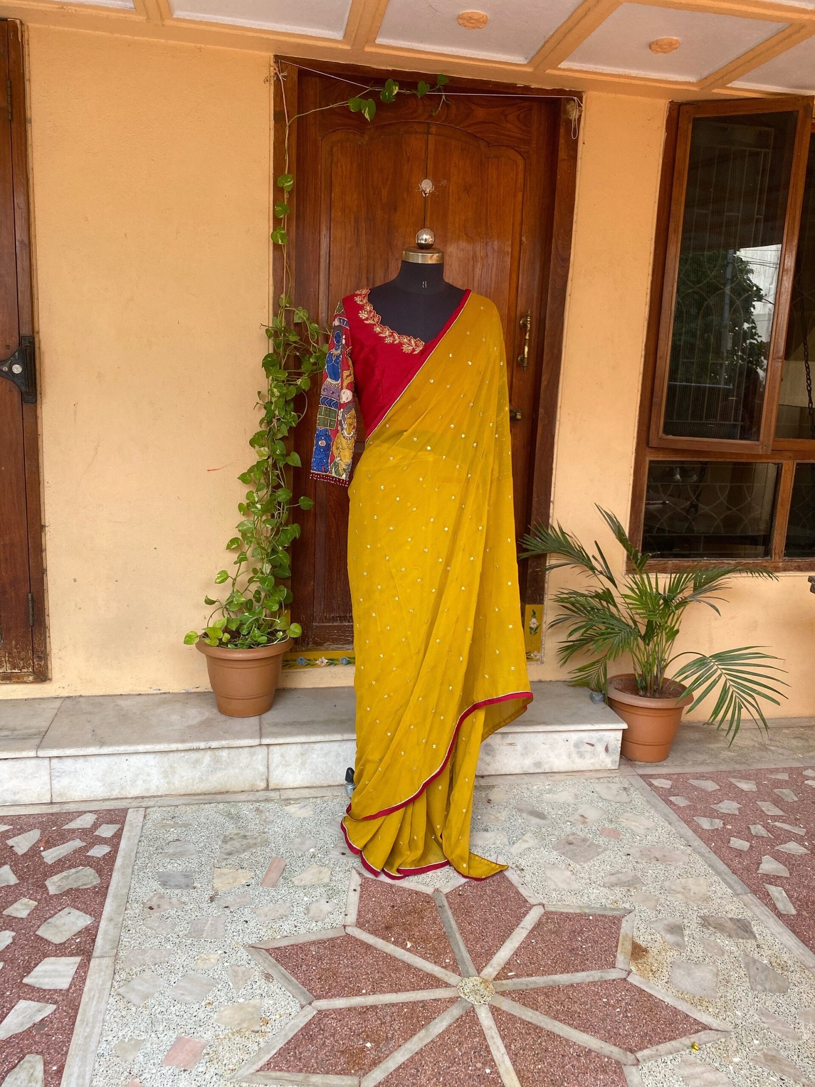 Kalamkari silk saree with hand Embroidered blouse | yellow embroidered saree with ready blouse| sarees USA | haldi outfit silk saree blouse