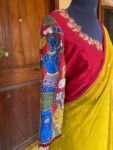 Kalamkari silk saree with hand Embroidered blouse | yellow embroidered saree with ready blouse| sarees USA | haldi outfit silk saree blouse