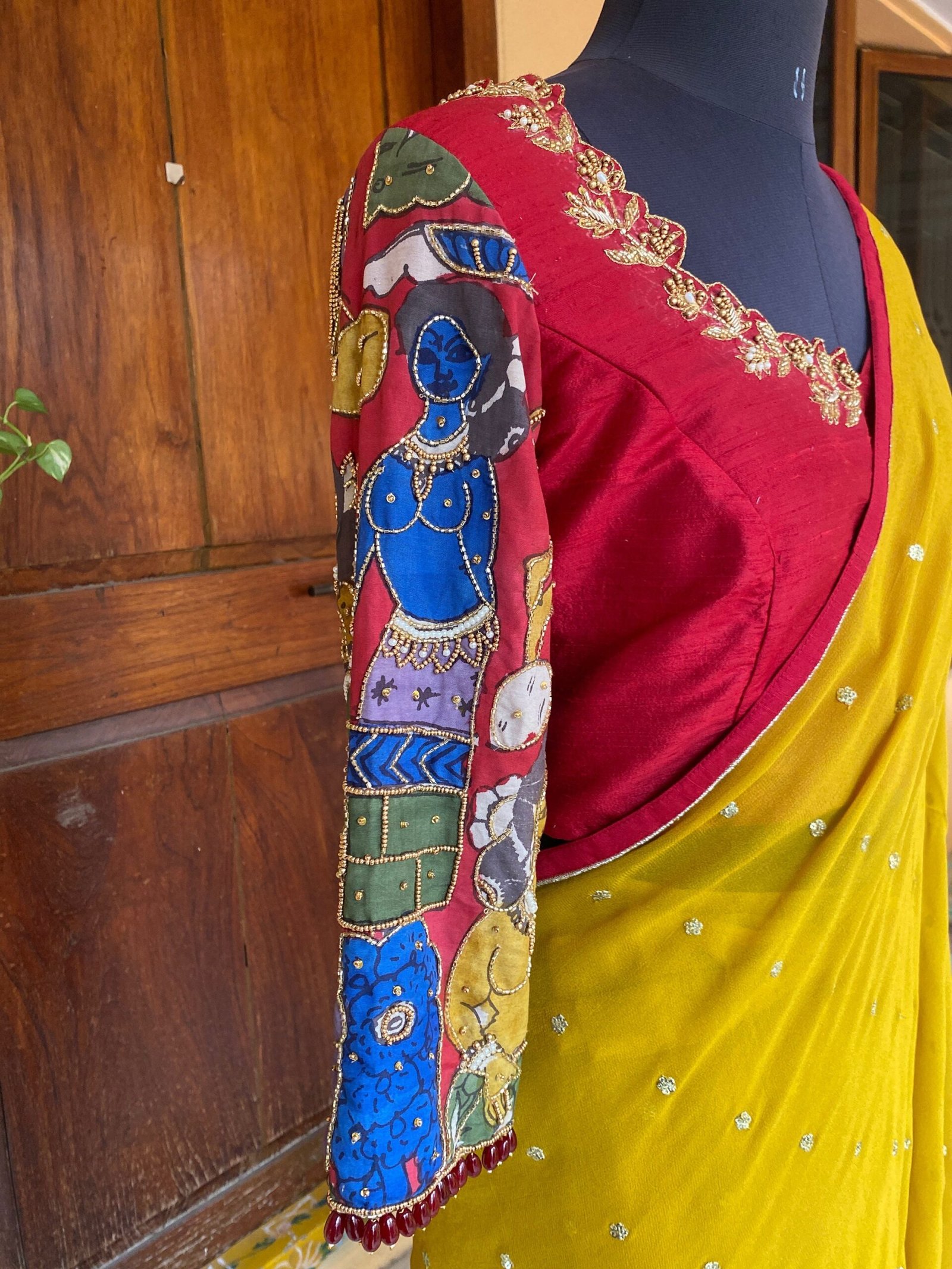 Kalamkari silk saree with hand Embroidered blouse | yellow embroidered saree with ready blouse| sarees USA | haldi outfit silk saree blouse