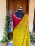 Kalamkari silk saree with hand Embroidered blouse | yellow embroidered saree with ready blouse| sarees USA | haldi outfit silk saree blouse