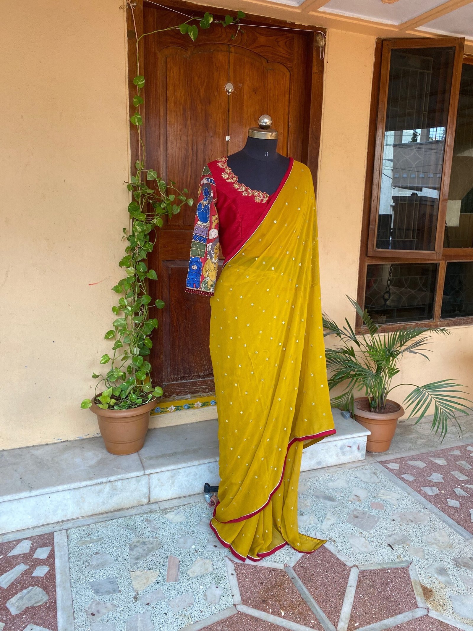 Kalamkari silk saree with hand Embroidered blouse | yellow embroidered saree with ready blouse| sarees USA | haldi outfit silk saree blouse