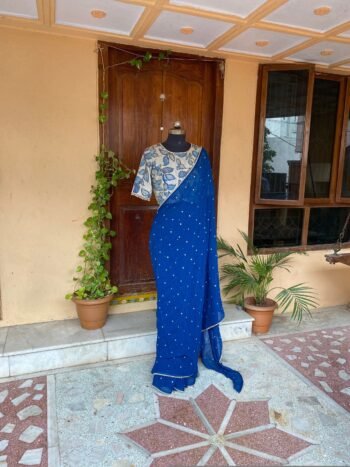 Kalamkari sari hand Embroidered blouse | blue embroidered saree with ready blouse| sarees | kalamkari blouse with saree| handwork blouse
