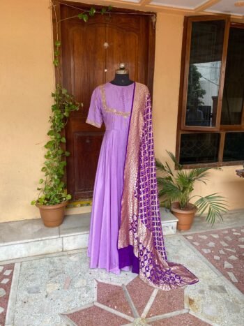 Hand embroidered Anarkali with pure bandhani dupatta/purple anarkali suit set/ lavender hand work anarkali / Indian dresses/ voggish