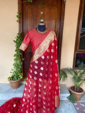 Fancy organza silksaree |  traditional buti silk saree |  sari with blouse set  | red sari blouse |sarees | red silk saree with blouse