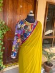 Kalamkari silk saree with hand Embroidered blouse | yellow embroidered saree with ready blouse| sarees USA | haldi outfit silk saree blouse