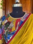 Kalamkari silk saree with hand Embroidered blouse | yellow embroidered saree with ready blouse| sarees USA | haldi outfit silk saree blouse