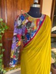 Kalamkari silk saree with hand Embroidered blouse | yellow embroidered saree with ready blouse| sarees USA | haldi outfit silk saree blouse