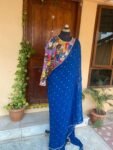 Blue Georgette Saree: Hand-Embroidered Kalamkari Blouse, Stitched Sari
