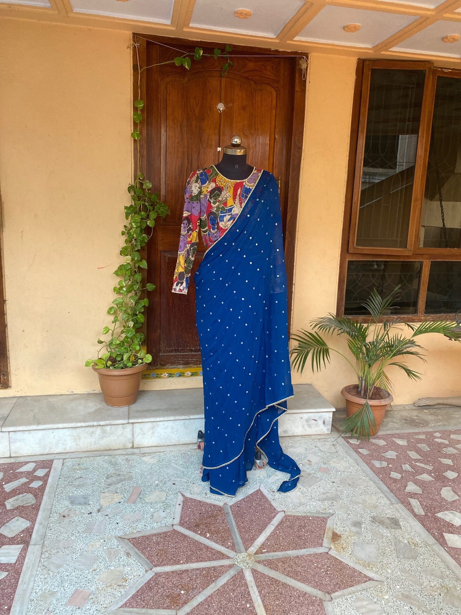 Blue Georgette Saree: Hand-Embroidered Kalamkari Blouse, Stitched Sari