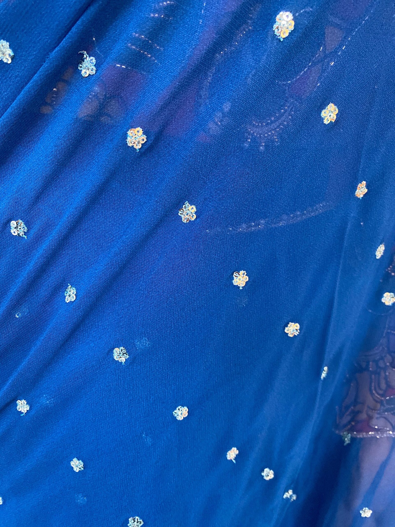 Blue Georgette Saree: Hand-Embroidered Kalamkari Blouse, Stitched Sari