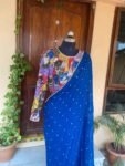 Blue Georgette Saree: Hand-Embroidered Kalamkari Blouse, Stitched Sari