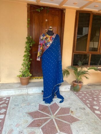 Blue Georgette Saree: Hand-Embroidered Kalamkari Blouse, Stitched Sari