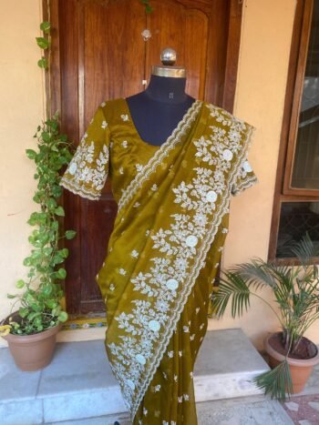 Embroidery organza saree | floral chikan organza silk saree with blouse |green silk saree | mehendi outfit  |sarees USA|organza saree blouse