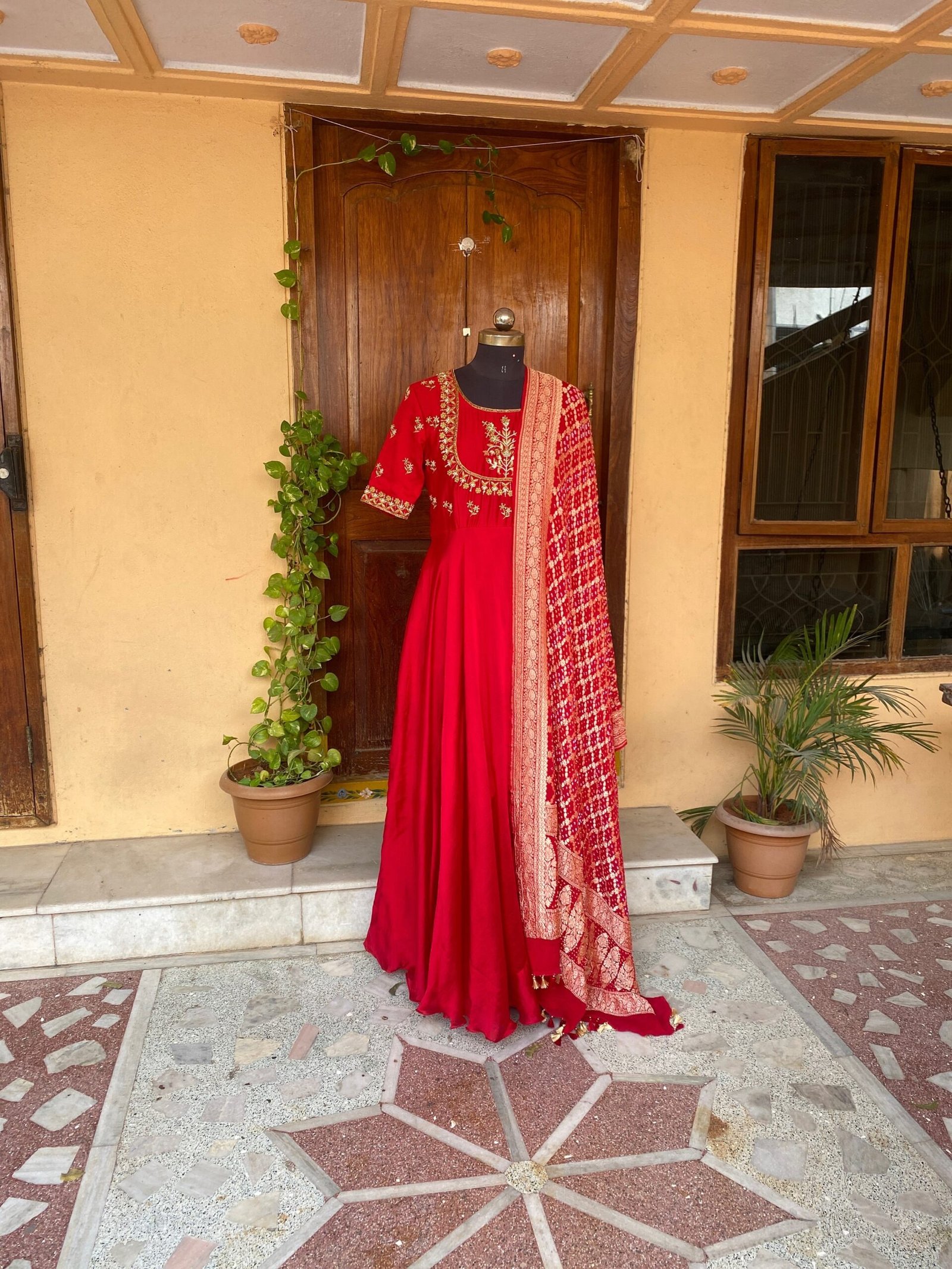 Hand embroidered Anarkali with pure handloom banarasi dupatta/anarkali suit set /anarkali with dupatta USA / Indian dresses/bandhani dupatta