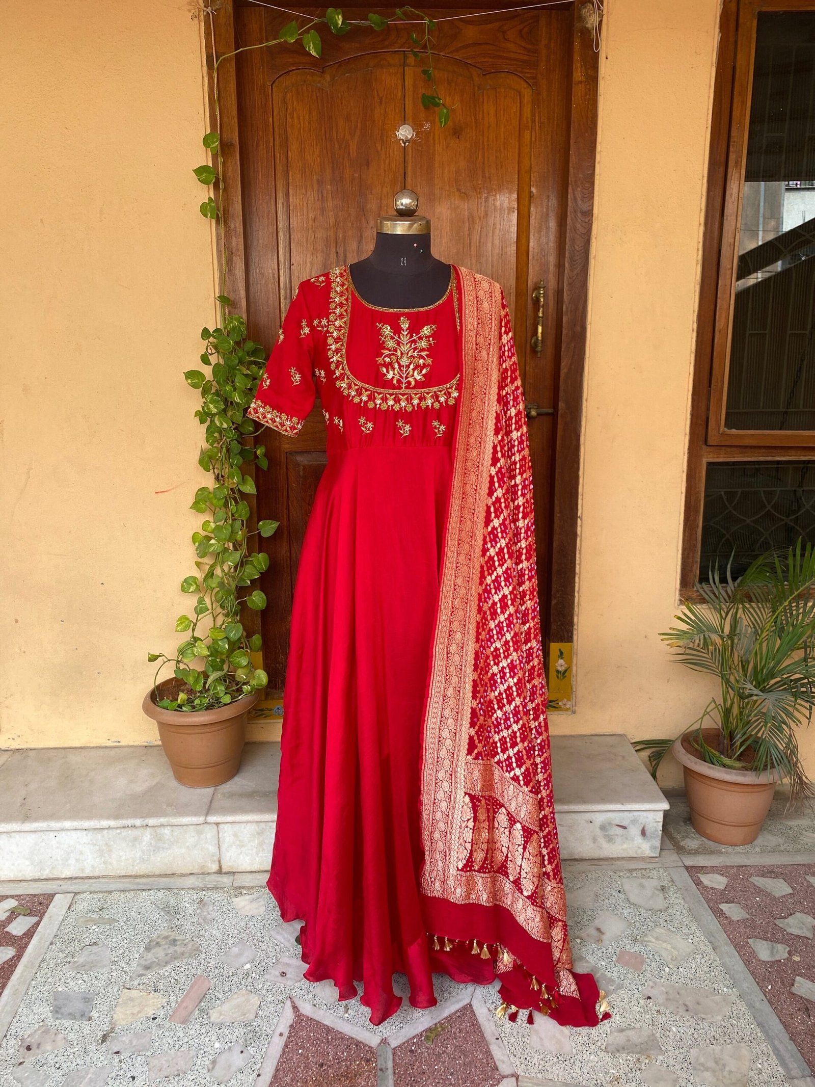 Hand embroidered Anarkali with pure handloom banarasi dupatta/anarkali suit set /anarkali with dupatta USA / Indian dresses/bandhani dupatta