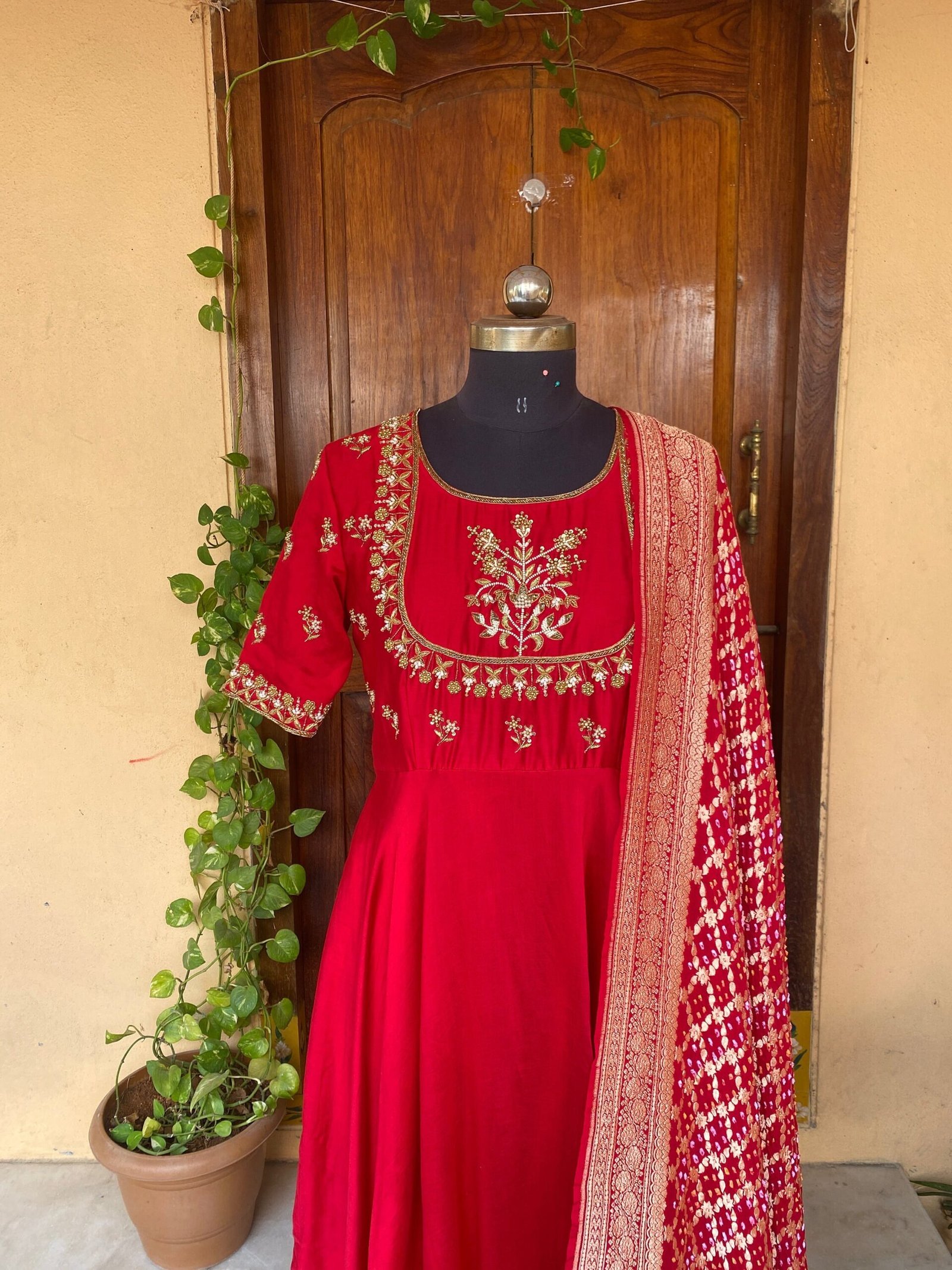 Hand embroidered Anarkali with pure handloom banarasi dupatta/anarkali suit set /anarkali with dupatta USA / Indian dresses/bandhani dupatta