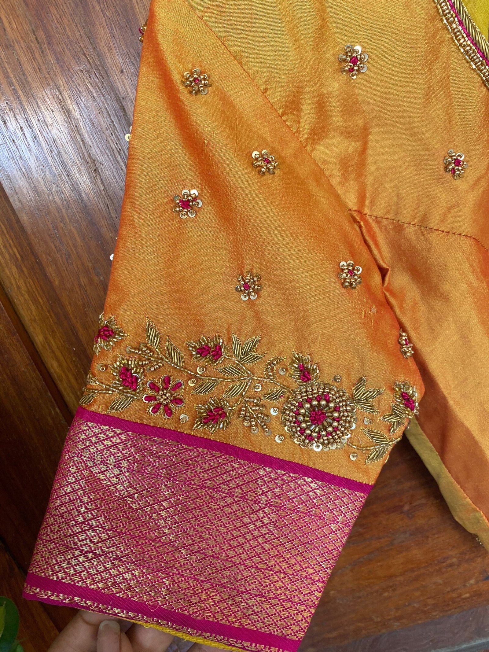 pure silk hand embroidery blouse/yellow orange maggam blouse/pure silk zardosi blouse/hand embroidered blouse/ pink designer ready blouse
