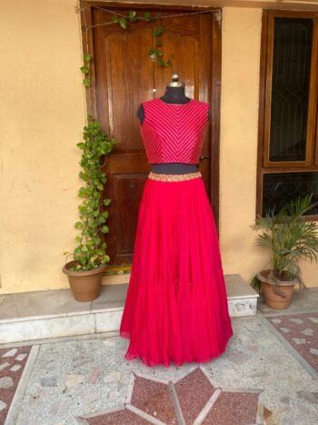 Women pink lehenga set/teen crop top embroidery lehenga/Pink chiffon crop top skirt wedding lehenga lehenga choli/crop top lehenga