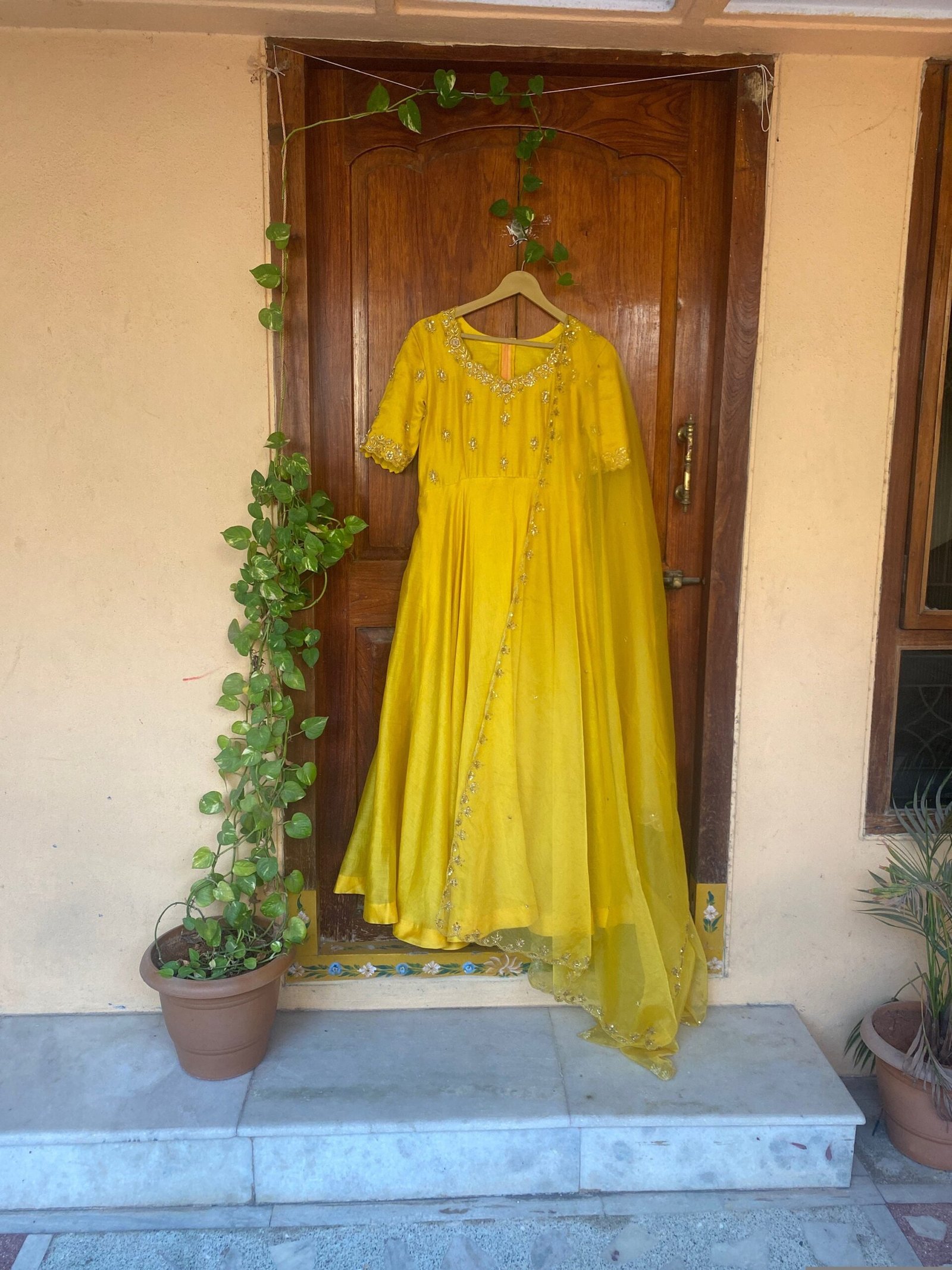 Hand embroidered Anarkali with lurex stripes dupatta / yellow anarkali suit set / chanderi anarkali dupatta USA / Indian dresses/ voggish