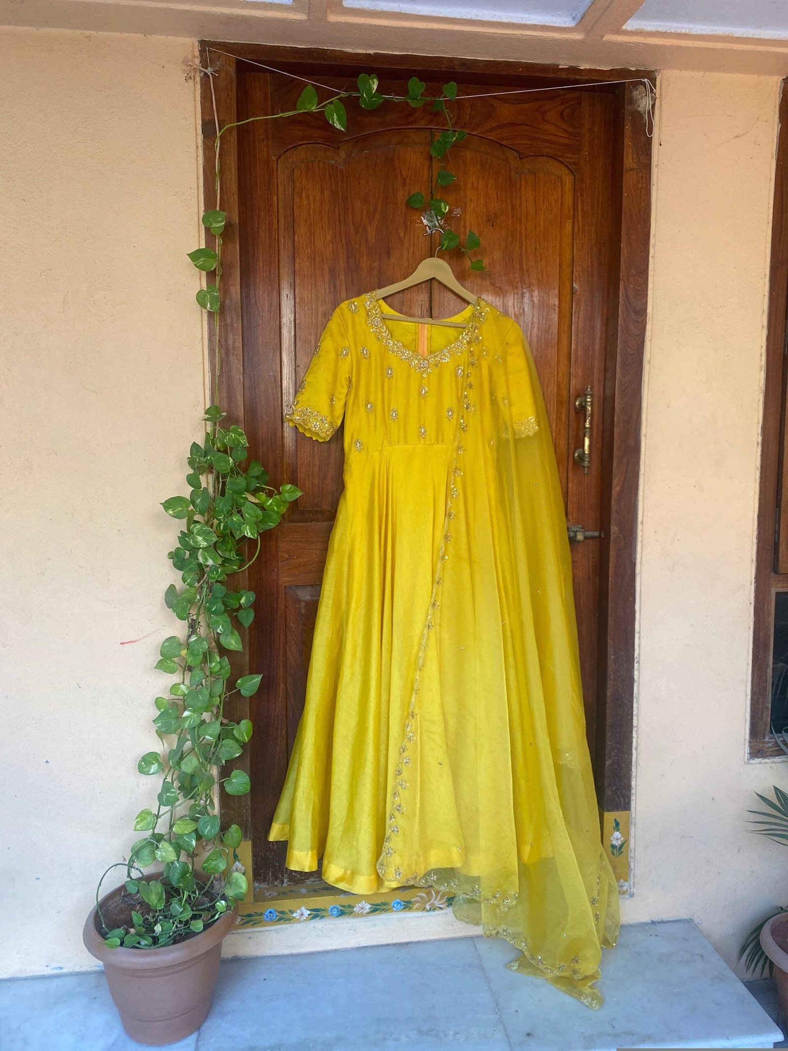 Hand embroidered Anarkali with lurex stripes dupatta / yellow anarkali suit set / chanderi anarkali dupatta USA / Indian dresses/ voggish