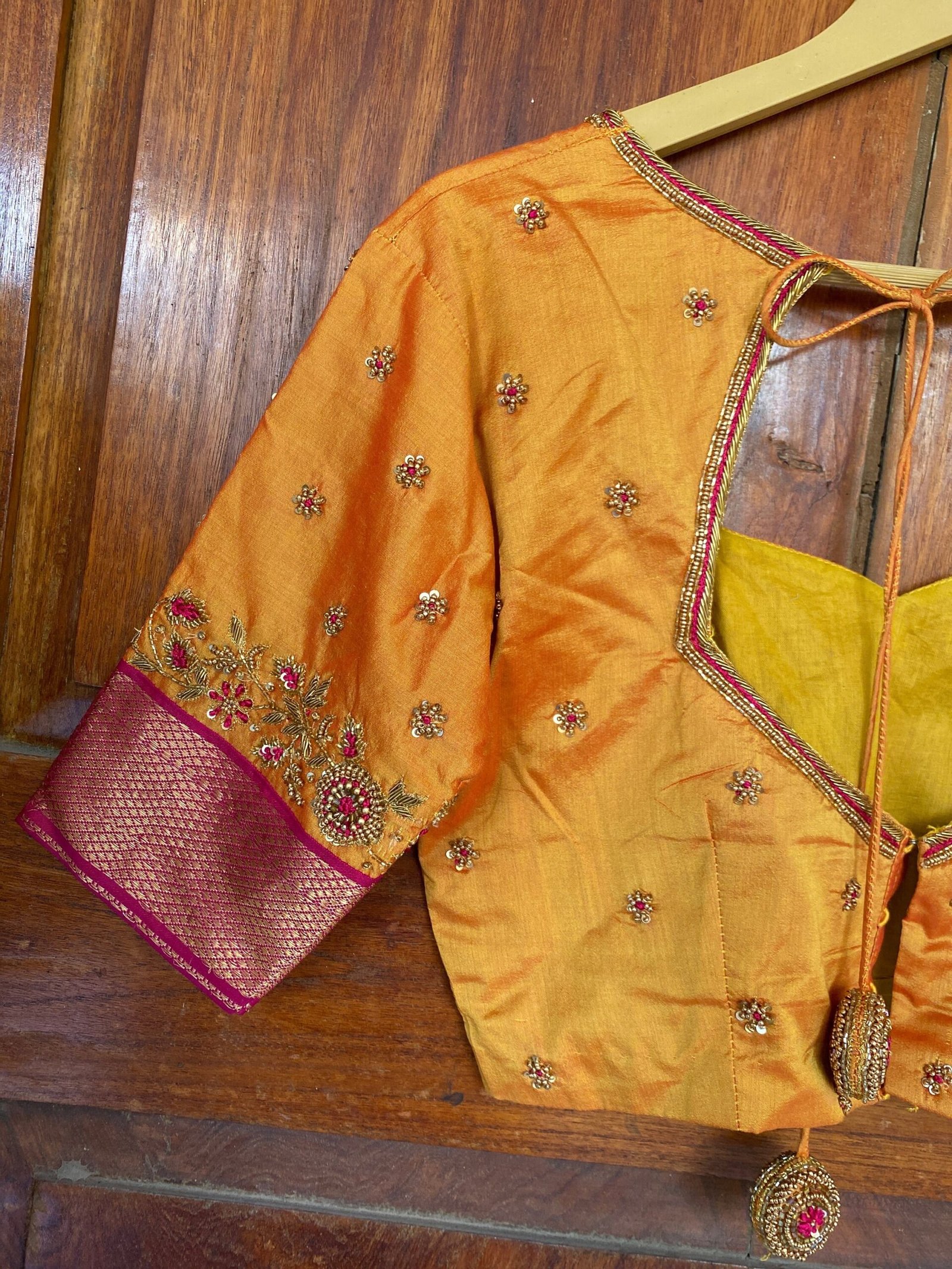 pure silk hand embroidery blouse/yellow orange maggam blouse/pure silk zardosi blouse/hand embroidered blouse/ pink designer ready blouse