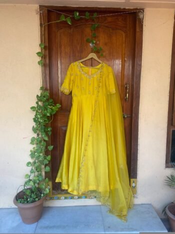 Hand embroidered Anarkali with lurex stripes  dupatta / yellow anarkali suit set / chanderi anarkali dupatta  / Indian dresses/ voggish