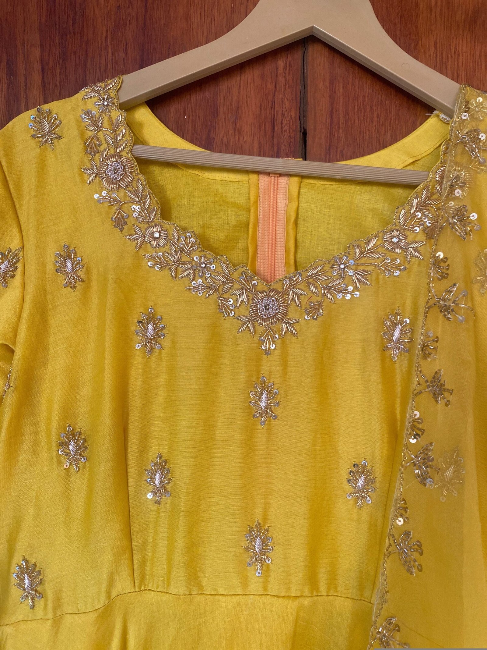 Hand embroidered Anarkali with lurex stripes dupatta / yellow anarkali suit set / chanderi anarkali dupatta USA / Indian dresses/ voggish