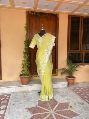 Embroidery yellow organza saree|floral chikan organza silk saree with blouse|yellow silk saree |haldi outfit|sarees USA|organza saree blouse