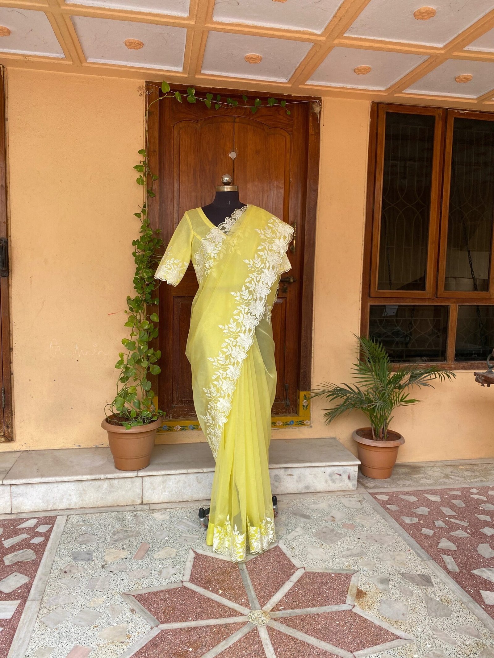 Embroidery yellow organza saree|floral chikan organza silk saree with blouse|yellow silk saree |haldi outfit|sarees USA|organza saree blouse