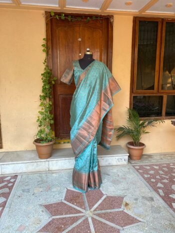 Big border silk saree with stitched blouse |traditional saree with readymade blouse|blue pattu saree USA|semi kanjeevaram silk saree|voggish
