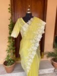 Embroidery yellow organza saree|floral chikan organza silk saree with blouse|yellow silk saree |haldi outfit|sarees USA|organza saree blouse